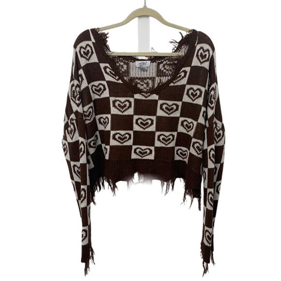 just polly Sweaters - Just Polly Checkered Heart Graphics Distressed Oversized Slouchy Sweater